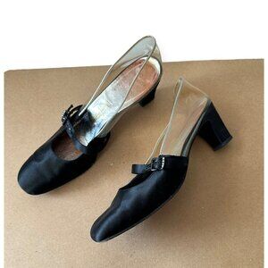 Vintage 60s Herbert Levine Mod Black Satin Clear‎ Vinyl Pumps, Size 7.5 AA